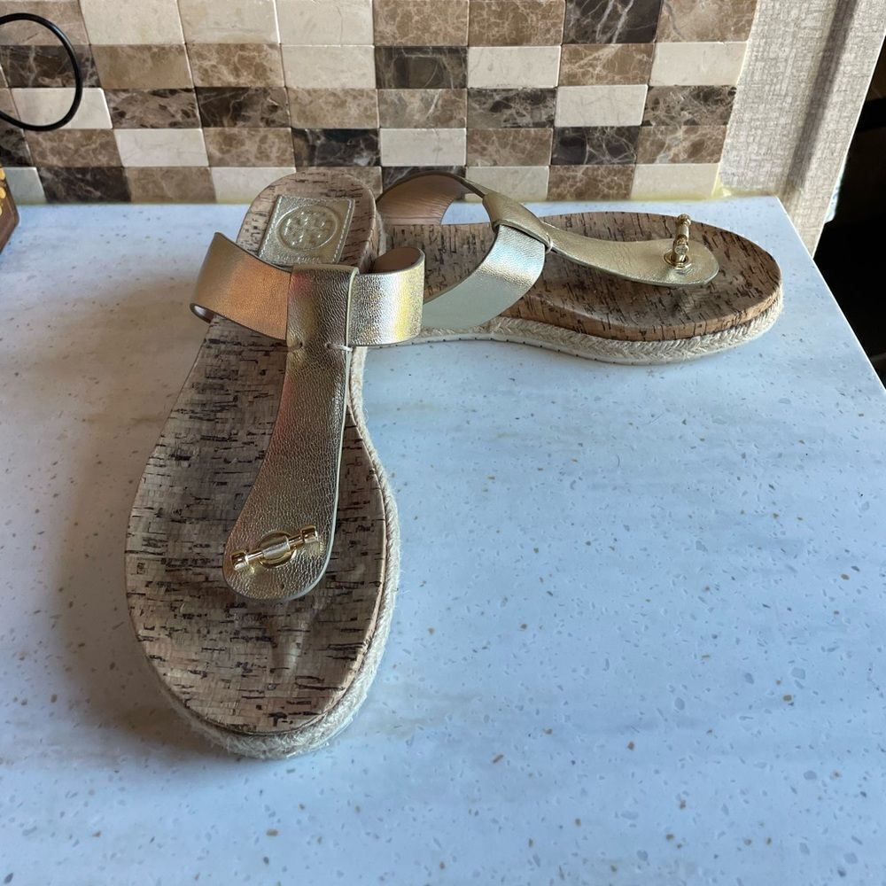 Tory Burch Metallic Gold Cork Espadrille Thong Sandals